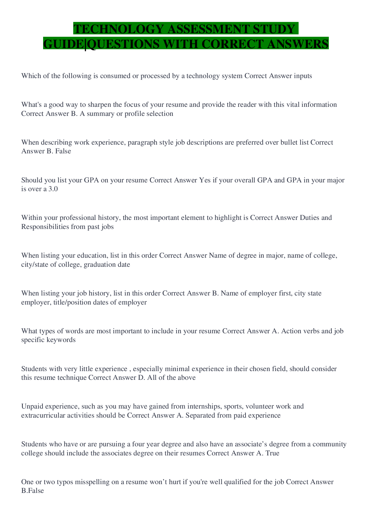 Preview image of TECHNOLOGY ASSESSMENT STUDY GUIDE|QUESTIONS WITH CORRECT ANSWERS document